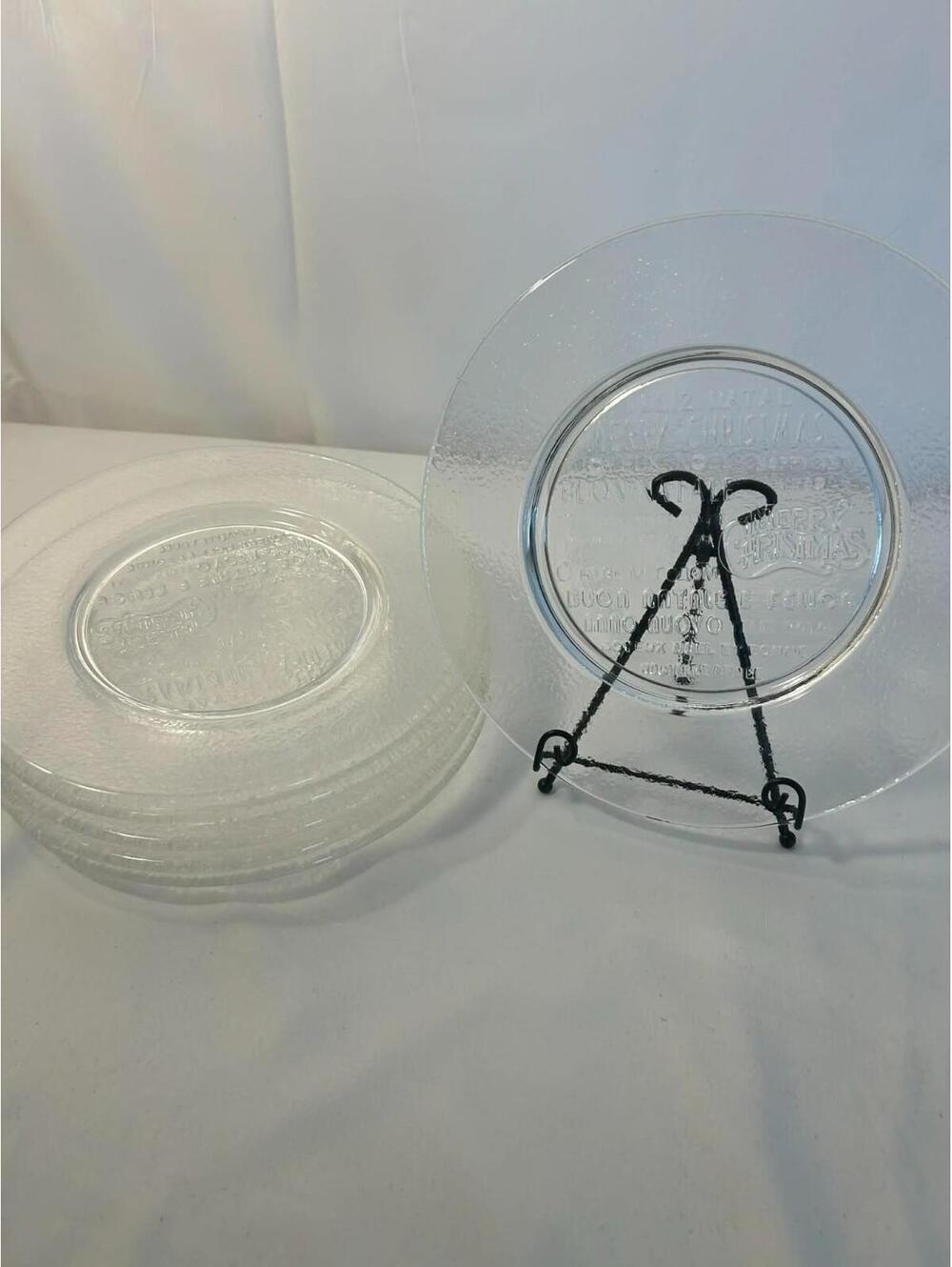 Set of 6 Clear Glass Christmas Plates Embossed Holiday Greetings 10.5" Vintage